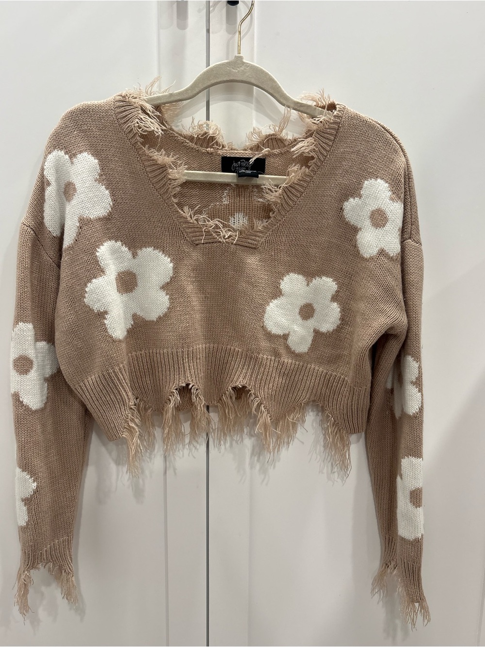 Frayed V-Neck Floral Cropped Sweater in Beige